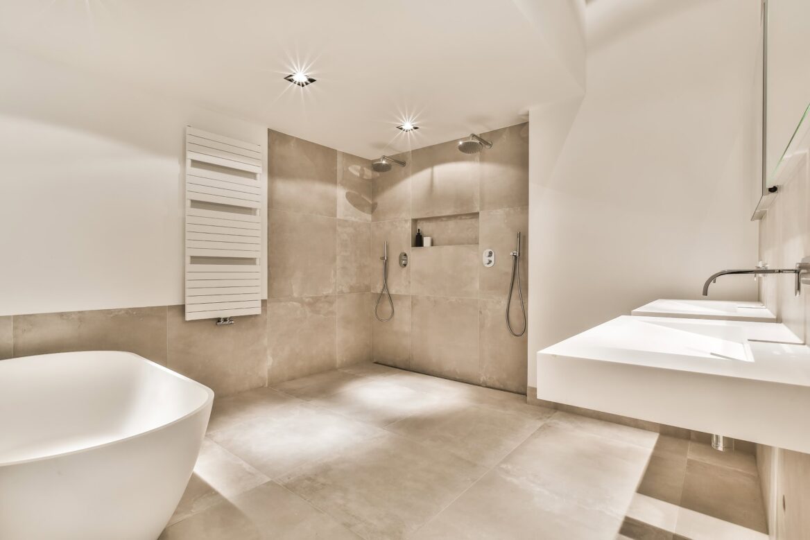New bathroom installation with large floor bath