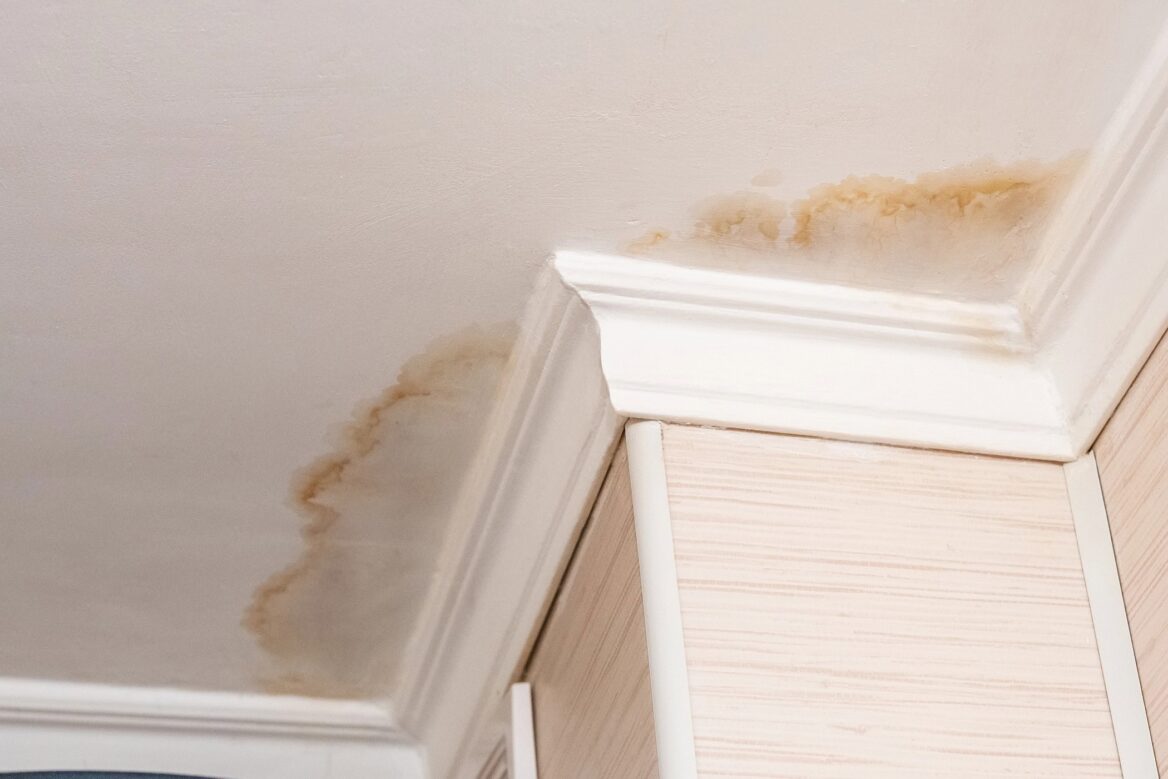 Plumbing leak water damage to room ceiling